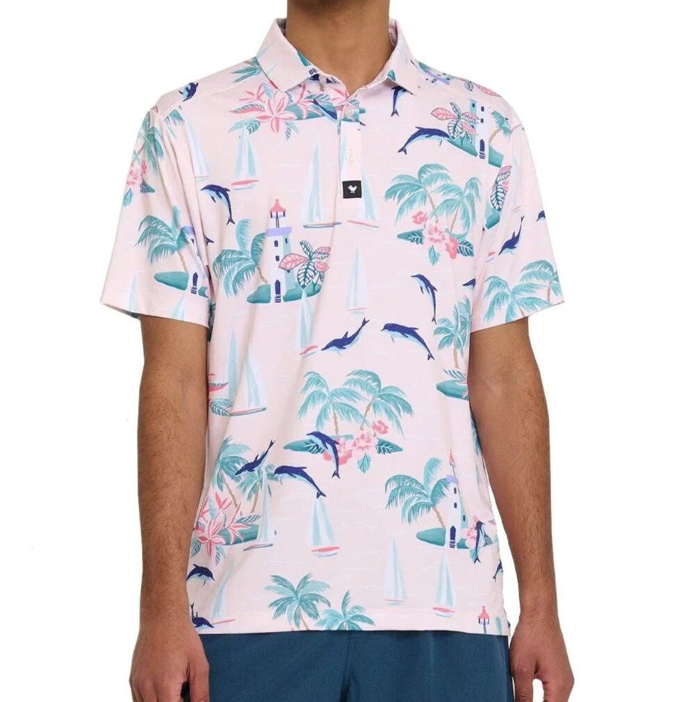 Bad Birdie Marino Golf Polo Shirt Pink Green Tropical Print Size Large